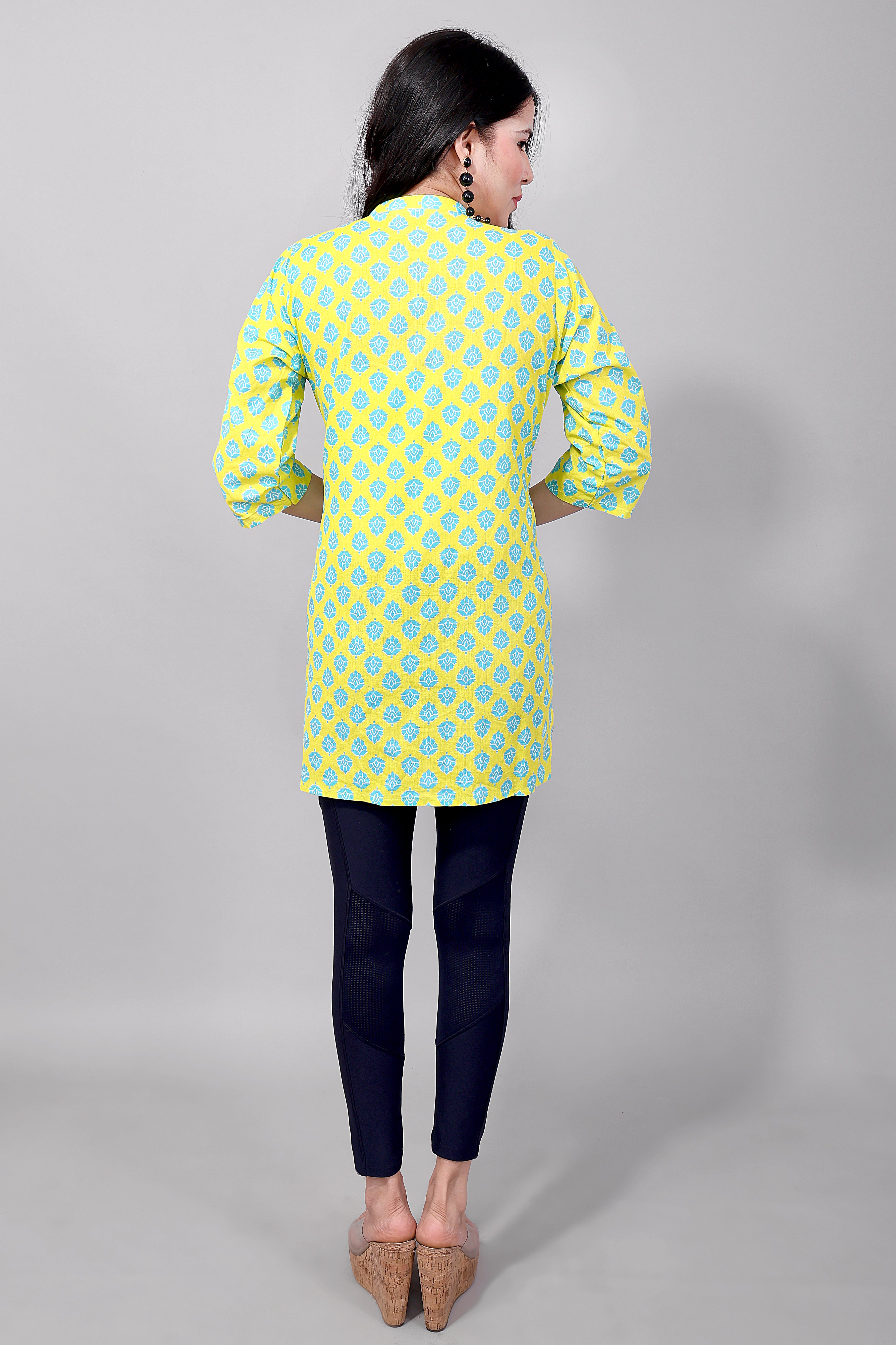 Green Yellow Printed Cotton Kurti