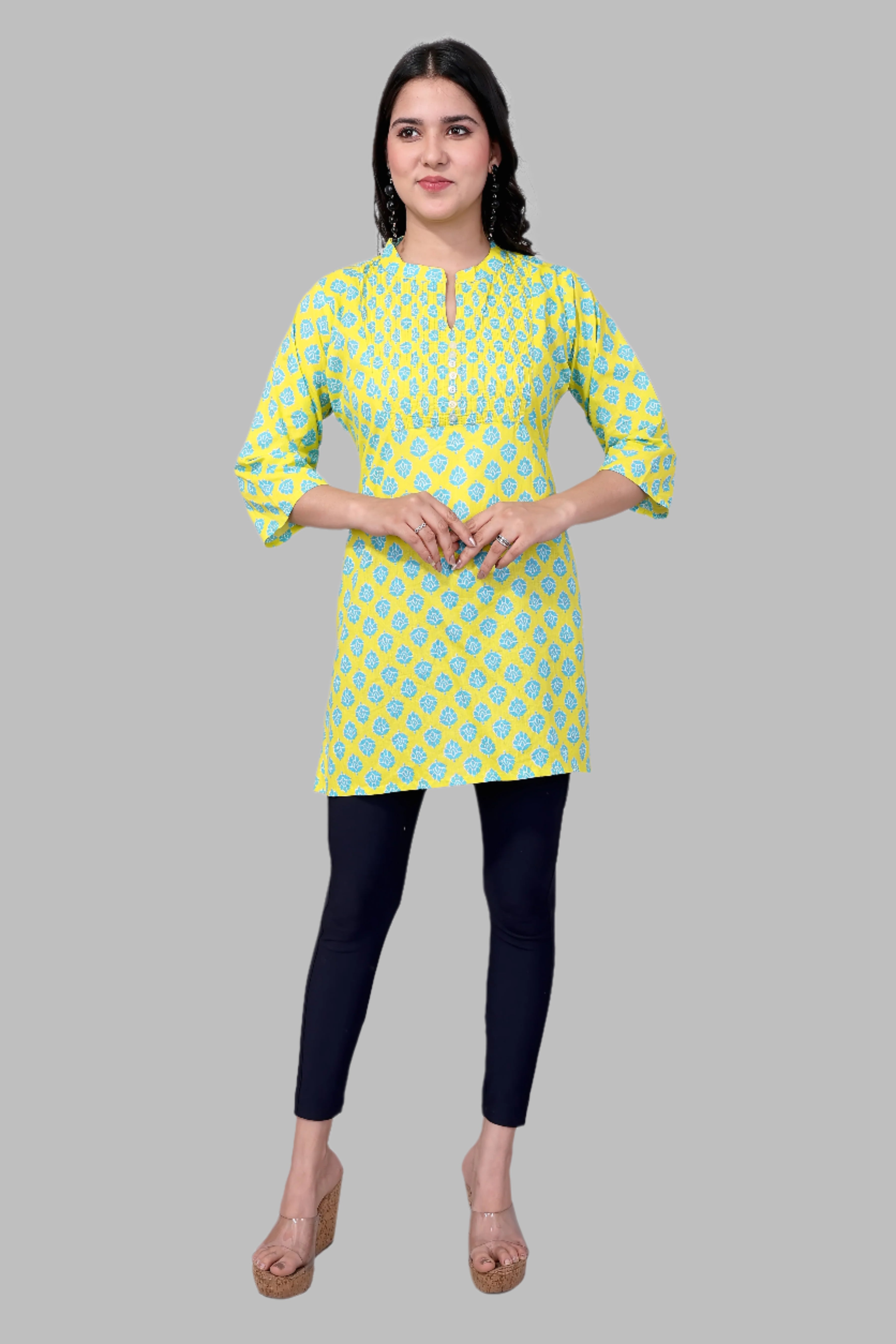 Green Yellow Printed Cotton Kurti