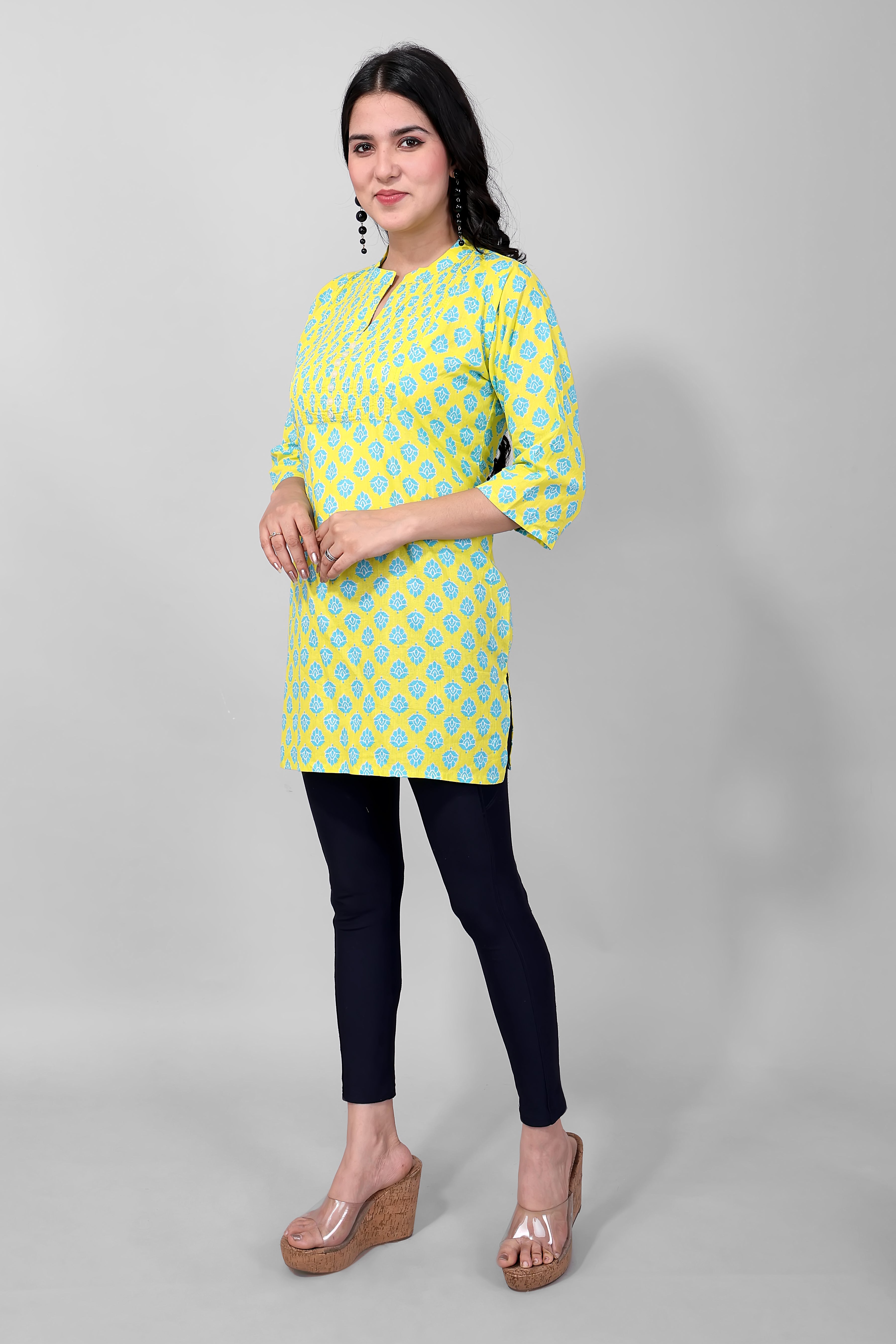 Green Yellow Printed Cotton Kurti