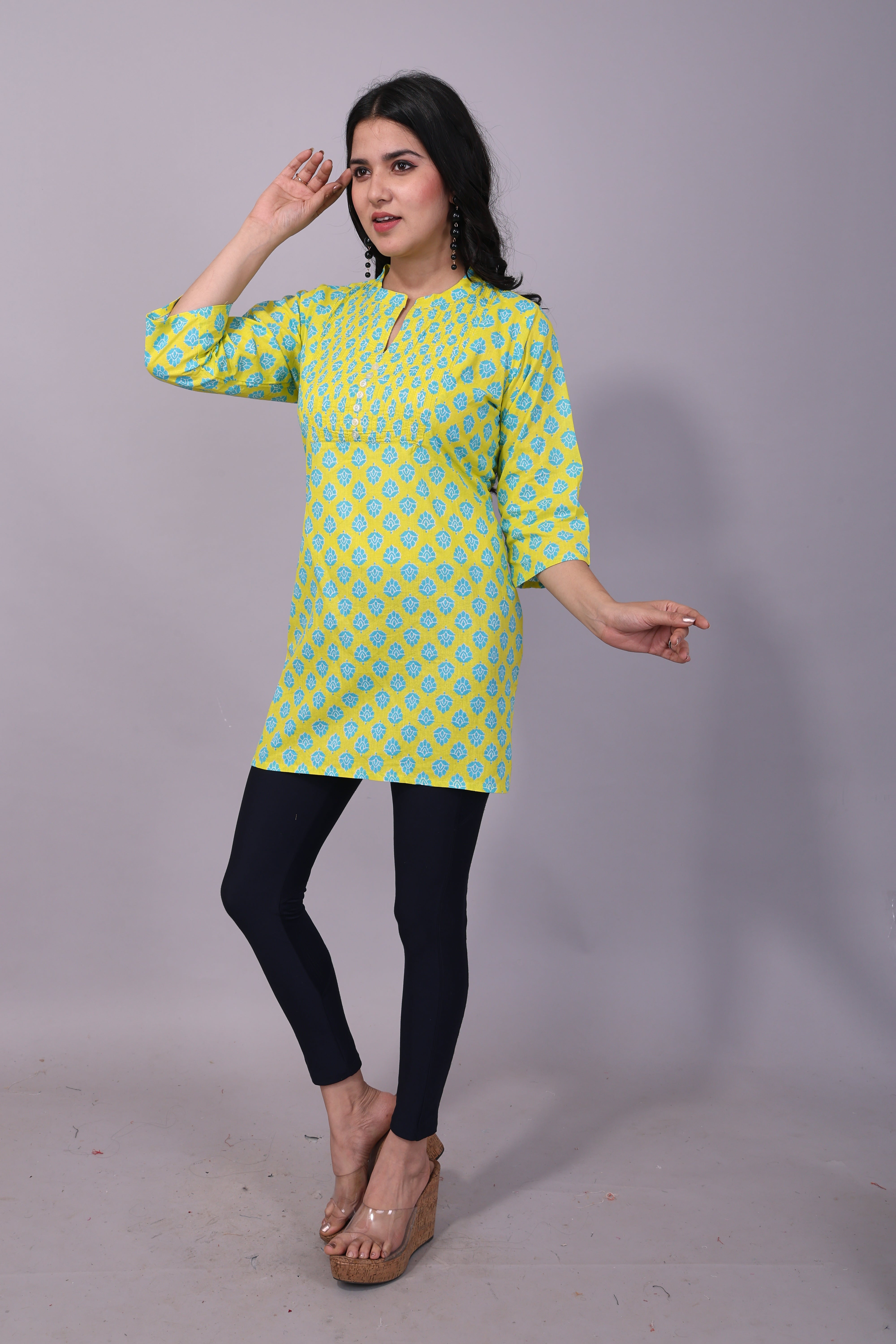 Green Yellow Printed Cotton Kurti