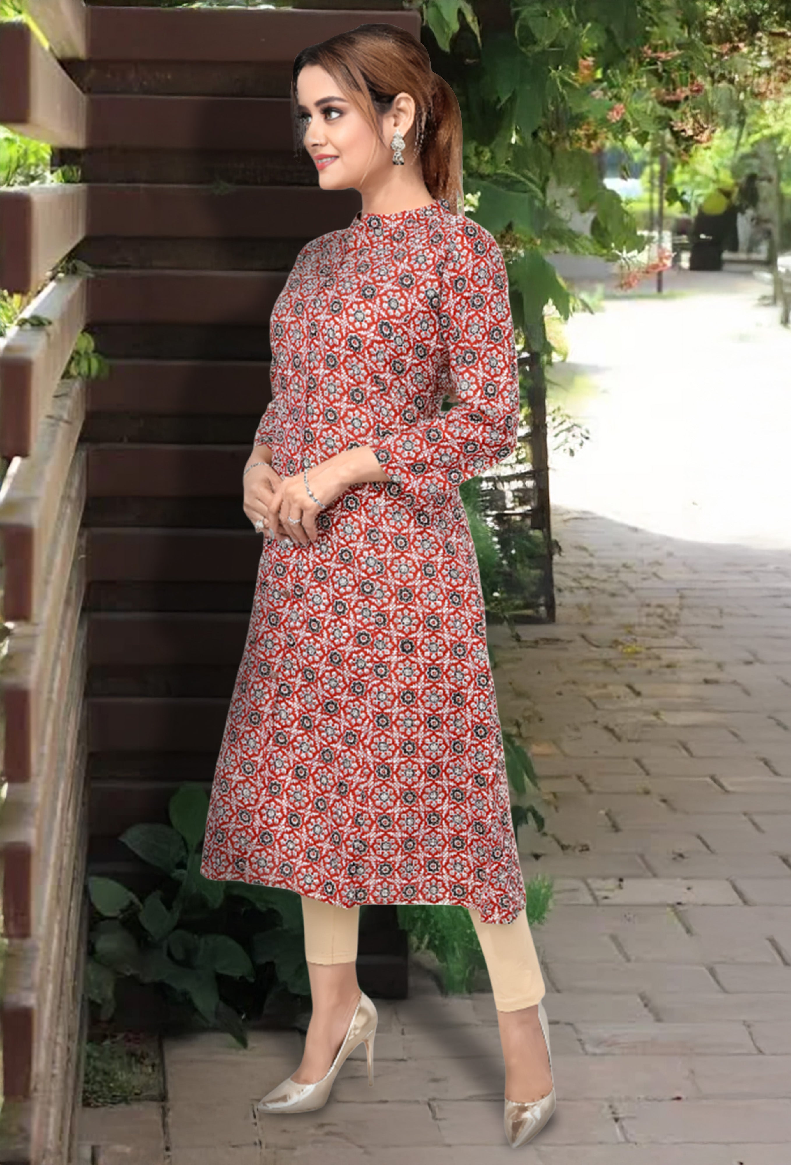 Printed Maroon Long Kurta