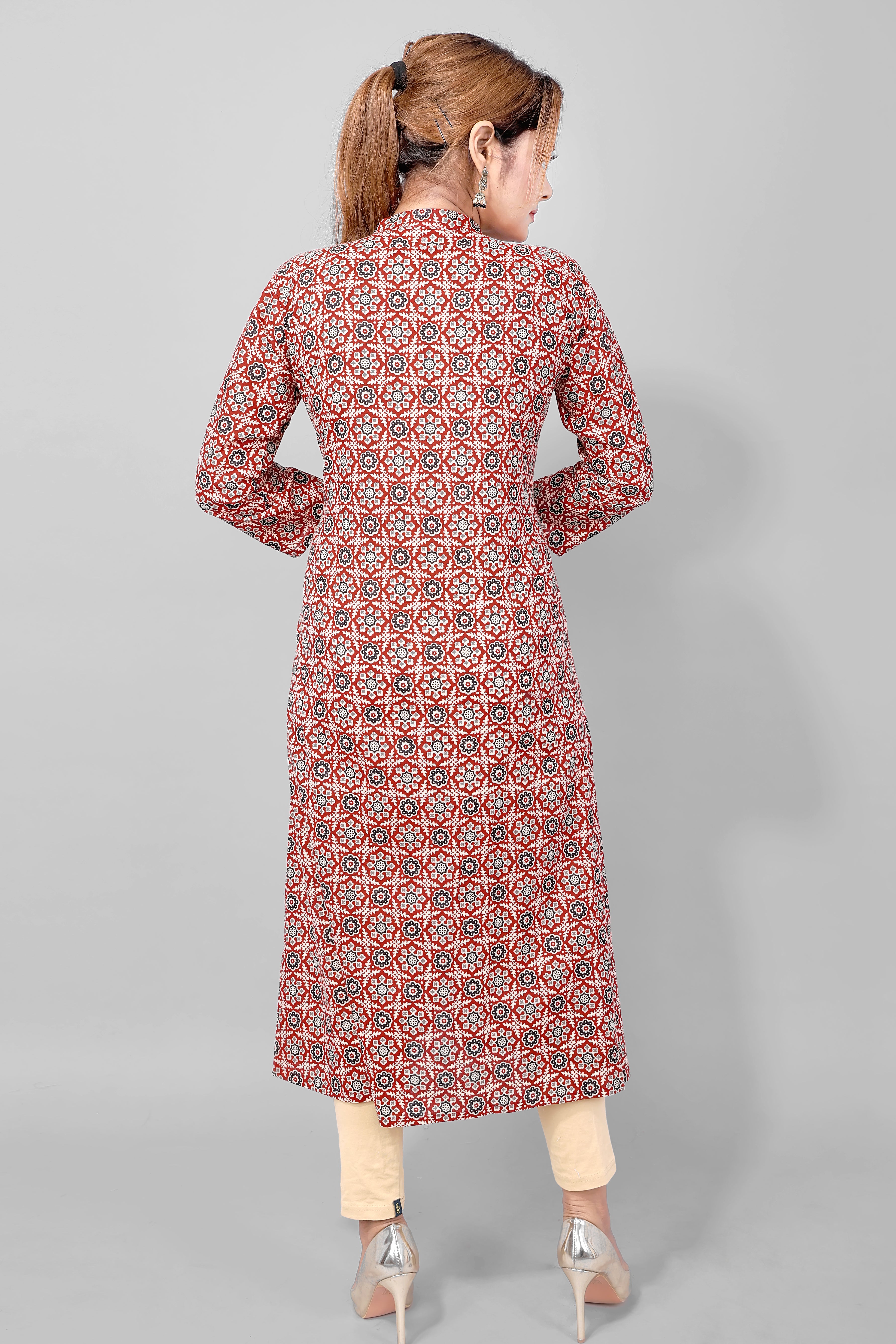 Printed Maroon Long Kurta