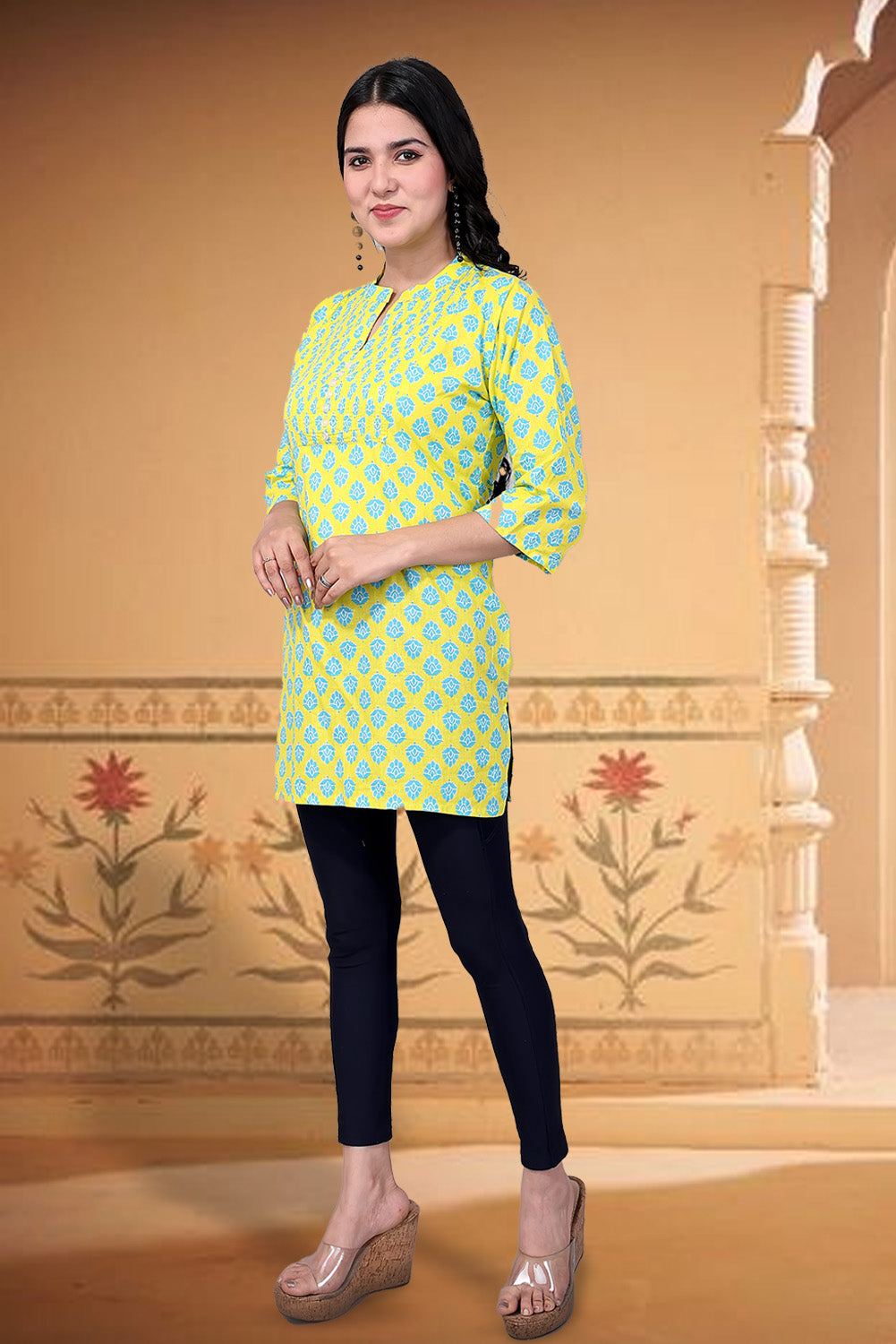 Green Yellow Printed Cotton Kurti
