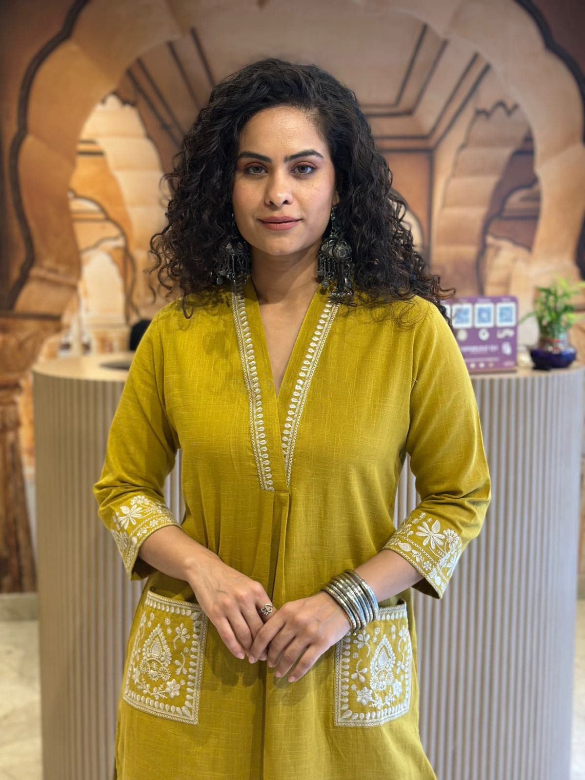 Yellow Soft Premium Cotton Fabric with Embroidery Pockets